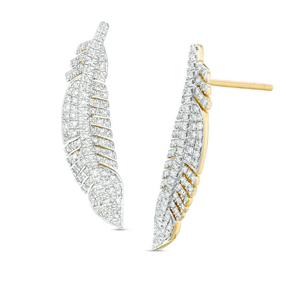 1 2 Ct T W Diamond Feather Drop Earrings In 14k Gold T W Diamond Feather Drop Earrings In 14k Gold