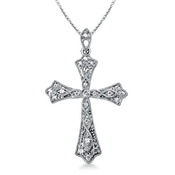 1 5 Ct T W Diamond Vintage Style Cross Pendant In Sterling Silver T W Diamond Vintage Style Cross Pendant In Sterling Silver