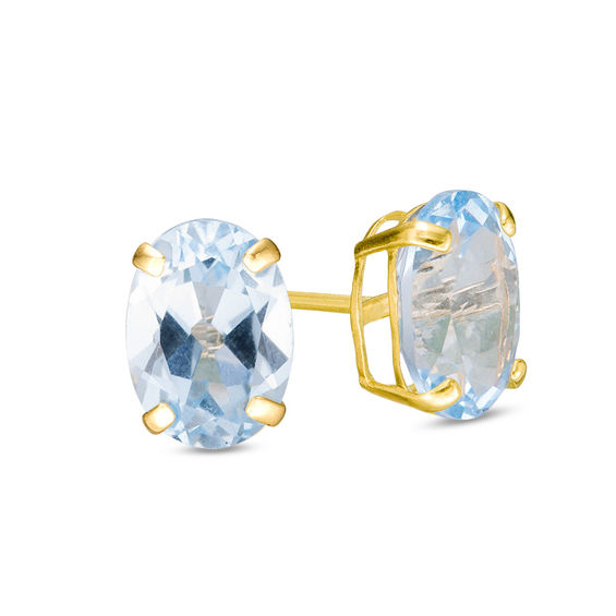 Oval LabCreated Aquamarine Solitaire Stud Earrings in 10K Gold