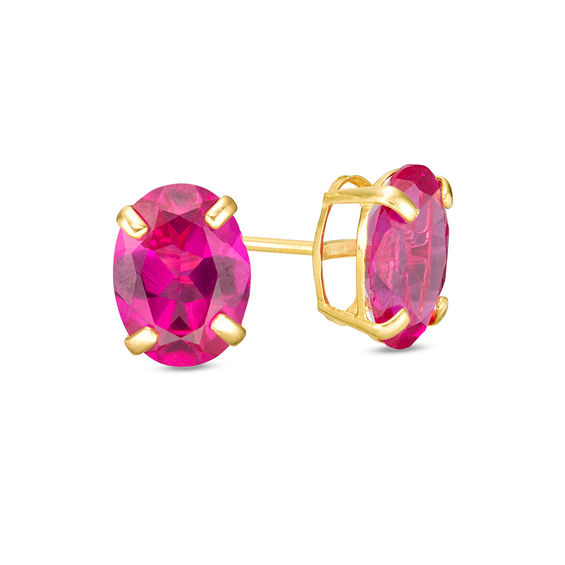 Oval LabCreated Ruby Solitaire Stud Earrings in 10K Gold Ruby July
