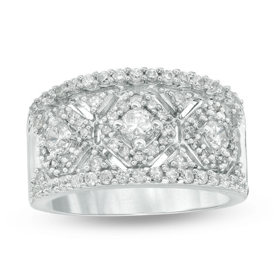 1 CT. T.W. Diamond Three Stone Lattice Ring in 14K White Gold Diamond