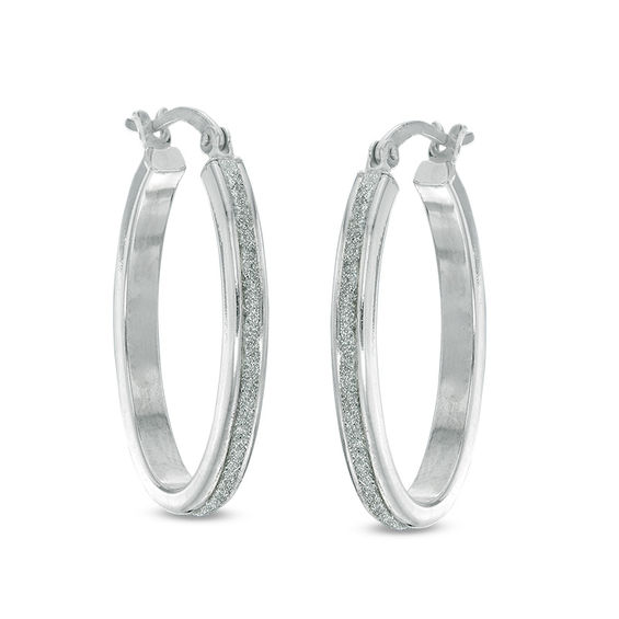 Glitter Oval Hoop Earrings in Sterling Silver and Platinum Plate