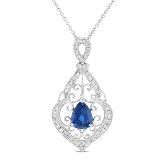 Pear-Shaped Blue Sapphire and 1/4 CT. T.W. Diamond Vintage-Style Scroll