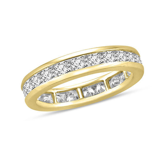 14K Yellow Gold Plated 1/2 Ct Princess Cut CZ Simulated Diamond & Created Blue Topaz Channel Set Half Eternity Wedding Band Anniversary Ring