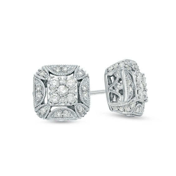 1 2 Ct T W Composite Diamond Cushion Frame Vintage Style Stud T W Composite Diamond Cushion Frame Vintage Style Stud Earrings In