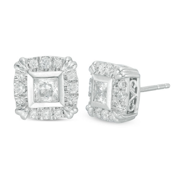 3 4 Ct T W Princess Cut Diamond Frame Stud Earrings In 14k White T W Princess Cut Diamond Frame Stud Earrings In 14k White