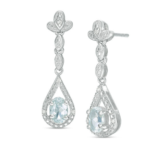 Oval Aquamarine and Diamond Accent Teardrop Earrings in 10K White Gold