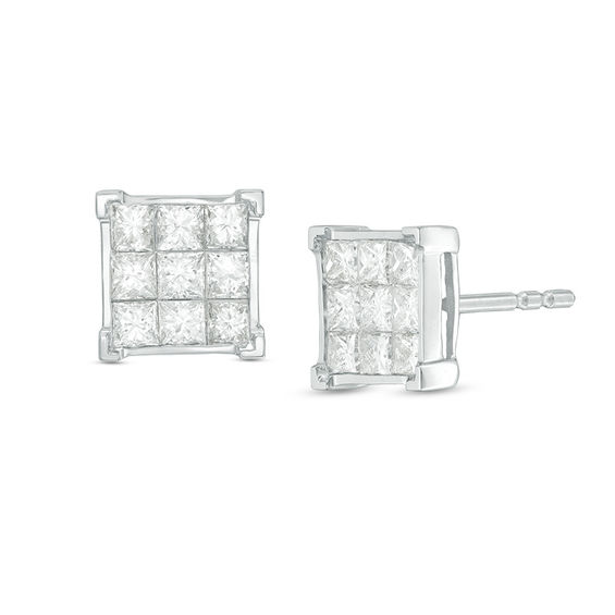 1 Ct T W Princess Cut Composite Diamond Stud Earrings In 14k White 1 Ct T W Princess Cut Composite Diamond Stud Earrings In 14k White Gold