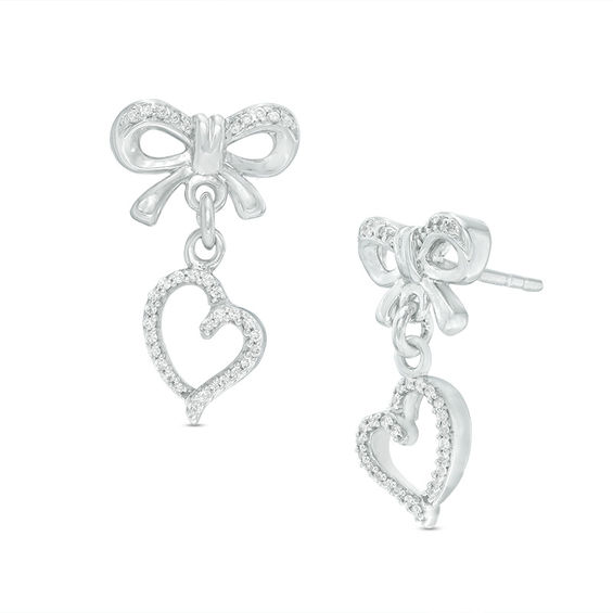 1 5 Ct T W Diamond Bow And Heart Drop Earrings In Sterling Silver T W Diamond Bow And Heart Drop Earrings In Sterling Silver