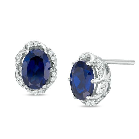 Gift Sterling Silver Rhodium Plated Diamond & Sapphire Oval Post Earrings 