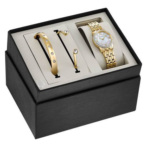Ladies' Exclusive Bulova Crystal Accent Gold-Tone Watch and Bangle 