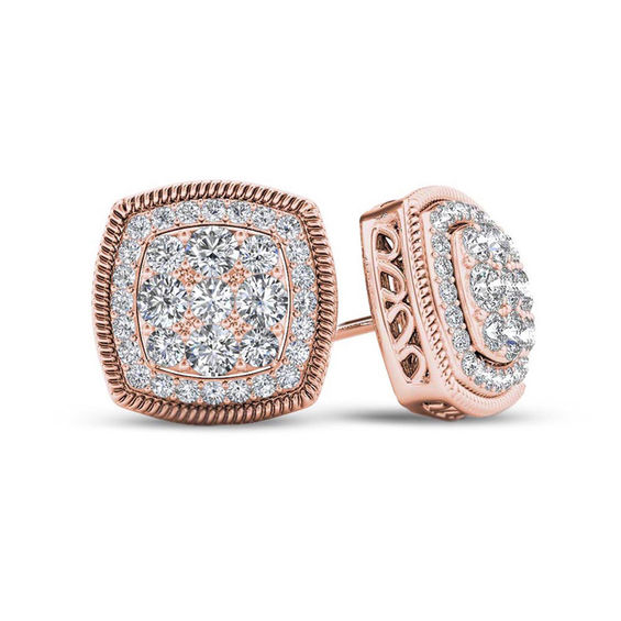 1 2 Ct T W Composite Diamond Cushion Rope Frame Stud Earrings In T W Composite Diamond Cushion Rope Frame Stud Earrings In 10k Rose