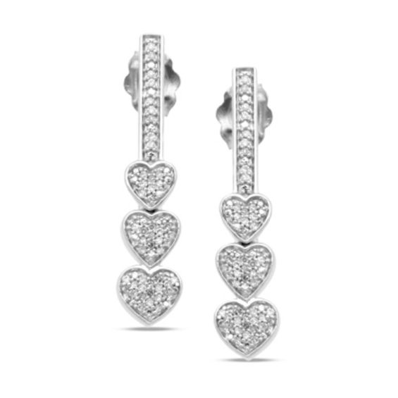 1 6 Ct T W Diamond Three Heart Drop Earrings In Sterling Silver T W Diamond Three Heart Drop Earrings In Sterling Silver