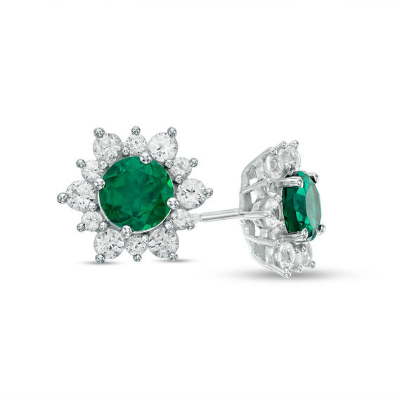 5 0mm Lab Created Emerald And White Shire Sunburst Stud Earrings 5 0mm Lab Created Emerald And White Shire Sunburst Stud Earrings In Sterling Silver