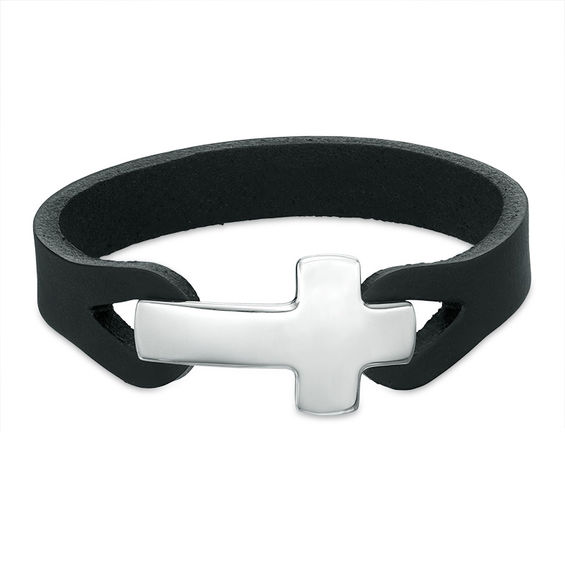 Men S Black Leather Bracelet With Sterling Silver Sideways Cross Men S Black Leather Bracelet With Sterling Silver Sideways Cross Toggle