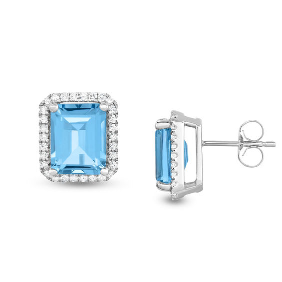 Emerald Cut Blue Topaz And 1 4 Ct T W Diamond Frame Stud Earrings Emerald Cut Blue Topaz And 1 4 Ct T W Diamond Frame Stud Earrings