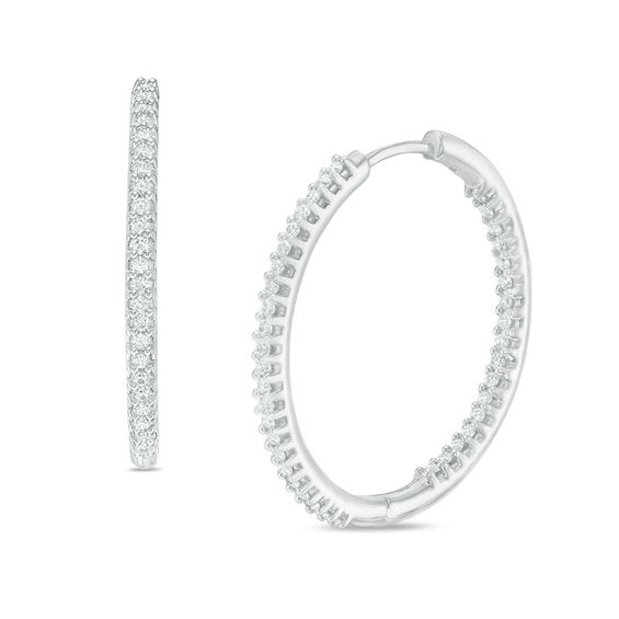 1/4Ct Round Cut Pave Natural Diamond 14k White Gold Inside Outside Hoop Earrings