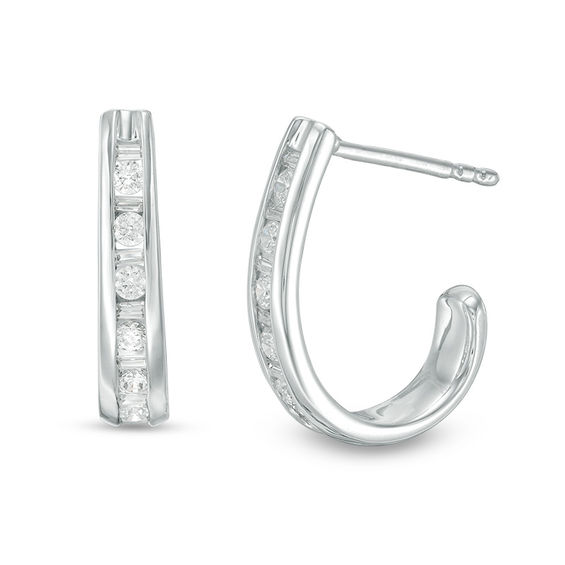 1 2 Ct T W Baguette And Round Diamond J Hoop Earrings In 14k White T W Baguette And Round Diamond J Hoop Earrings In 14k