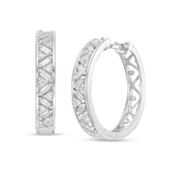 1 2 Ct T W Baguette And Round Diamond Hoop Earrings In 10k White T W Baguette And Round Diamond Hoop Earrings In 10k White Gold