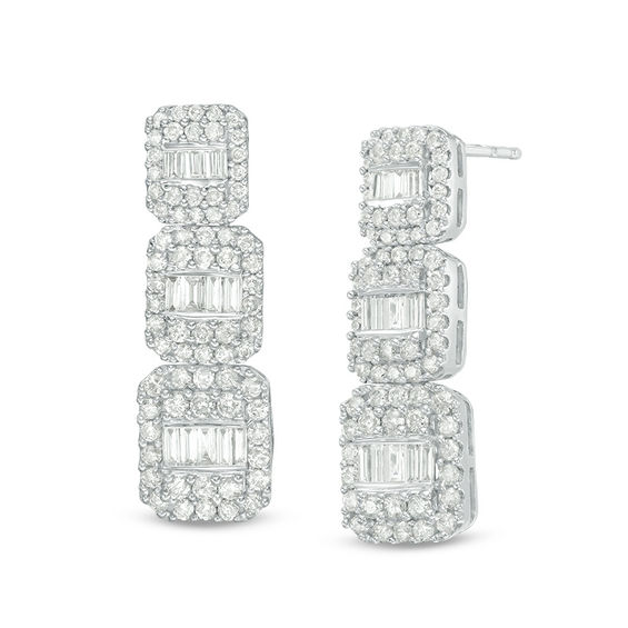 1 2 Ct T W Composite Baguette And Round Diamond Drop Earrings In T W Composite Baguette And Round Diamond Drop Earrings In