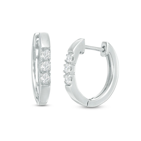 1 8 Ct T W Diamond Three Stone Hoop Earrings In 10k White Gold T W Diamond Three Stone Hoop Earrings In 10k White Gold