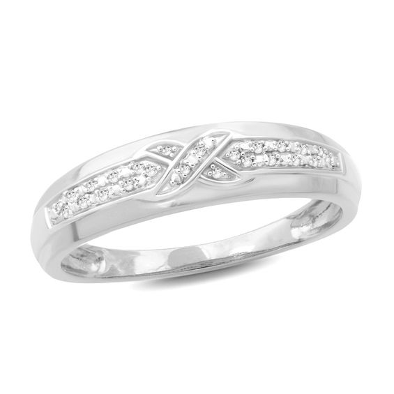 I2 clarity; I-J color Jewels By Lux 10kt White Gold Womens Round Diamond Striped Band Ring 1/10 Cttw In Pave Setting 
