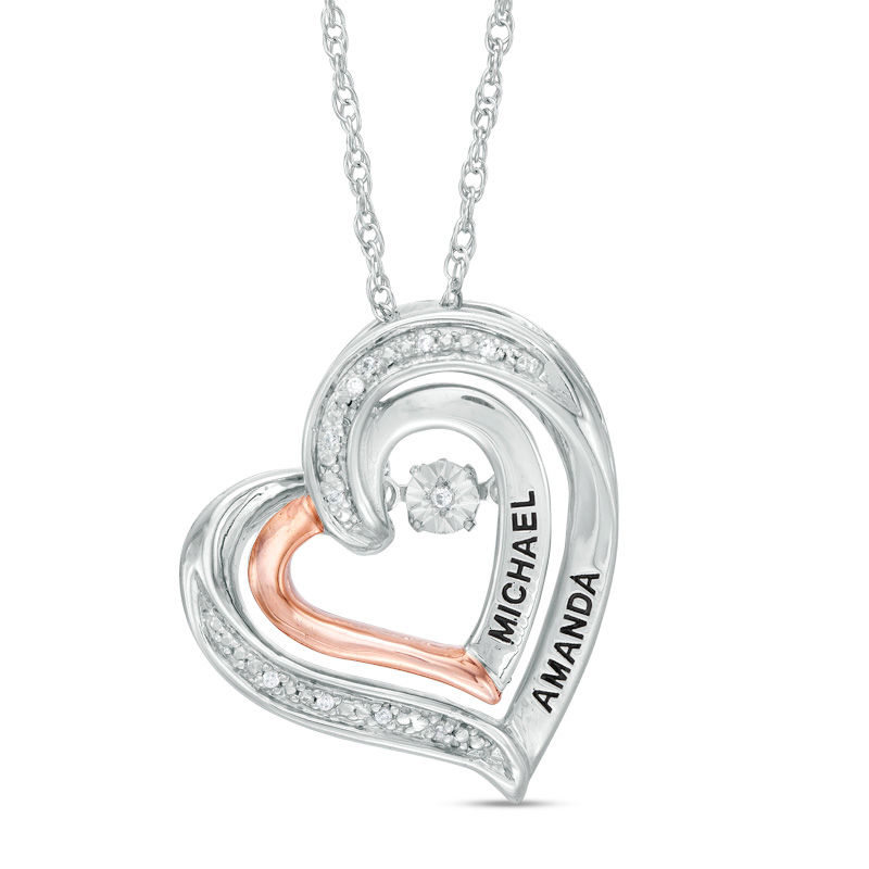 Couple's Diamond Accent Tilted Heart Pendant in Sterling Silver and 10K Rose Gold (2 Lines)