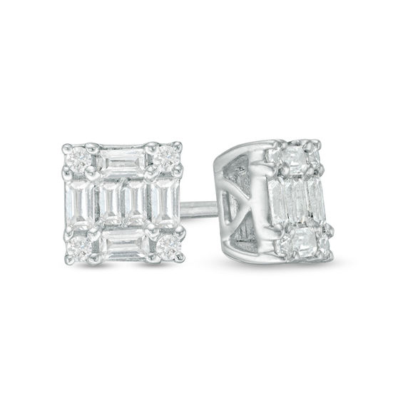 1CT Princess Baguette Round Created Diamond Cluster Stud Earrings 14K White Gold 