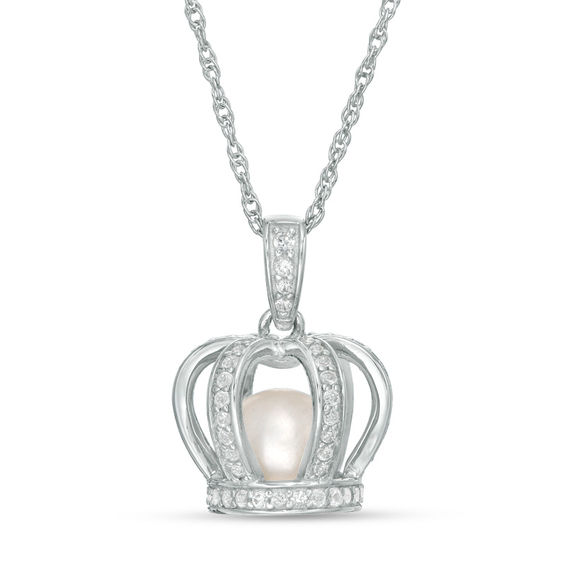 18K White Gold Plated Stylish Crown Simulated Pearl & Diamond Necklace 