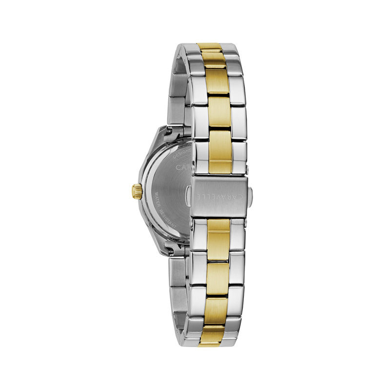 Ladies' Caravelle by Bulova Petite Collection Crystal Accent Two-Tone Watch with Mother-of-Pearl Dial (Model: 45M113)