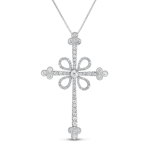 1 Ct T W Diamond Vintage Style Cross Pendant In 14k White Gold T W Diamond Vintage Style Cross Pendant In 14k White Gold