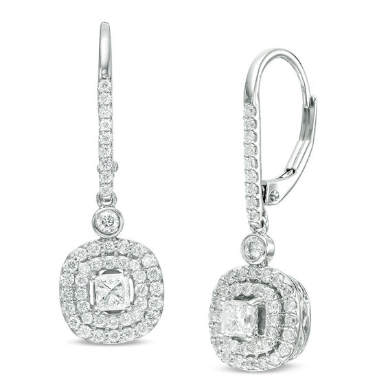 1 Ct T W Princess Cut Diamond Double Frame Drop Earrings In 10k T W Princess Cut Diamond Double Frame Drop Earrings In 10k White Gold