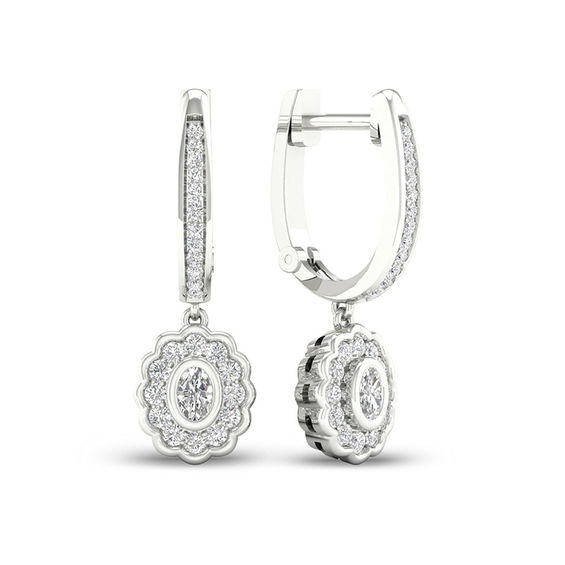 1 2 Ct T W Oval Diamond Flower Frame Drop Hoop Earrings In 10k T W Oval Diamond Flower Frame Drop Hoop Earrings In 10k White
