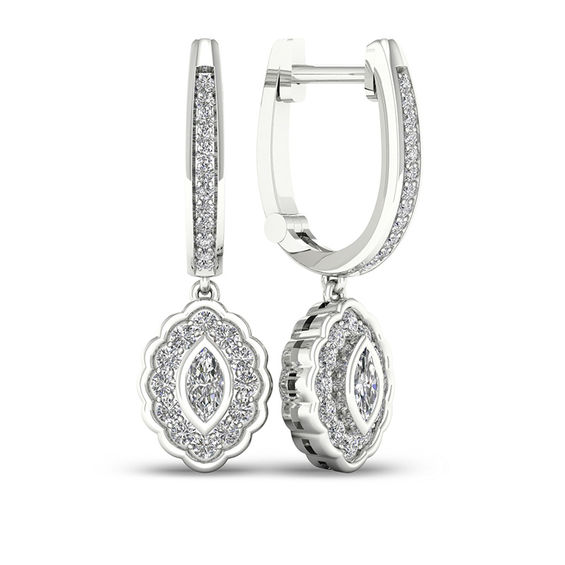 1 2 Ct T W Marquise Diamond Flower Frame Drop Hoop Earrings In 10k T W Marquise Diamond Flower Frame Drop Hoop Earrings In 10k White