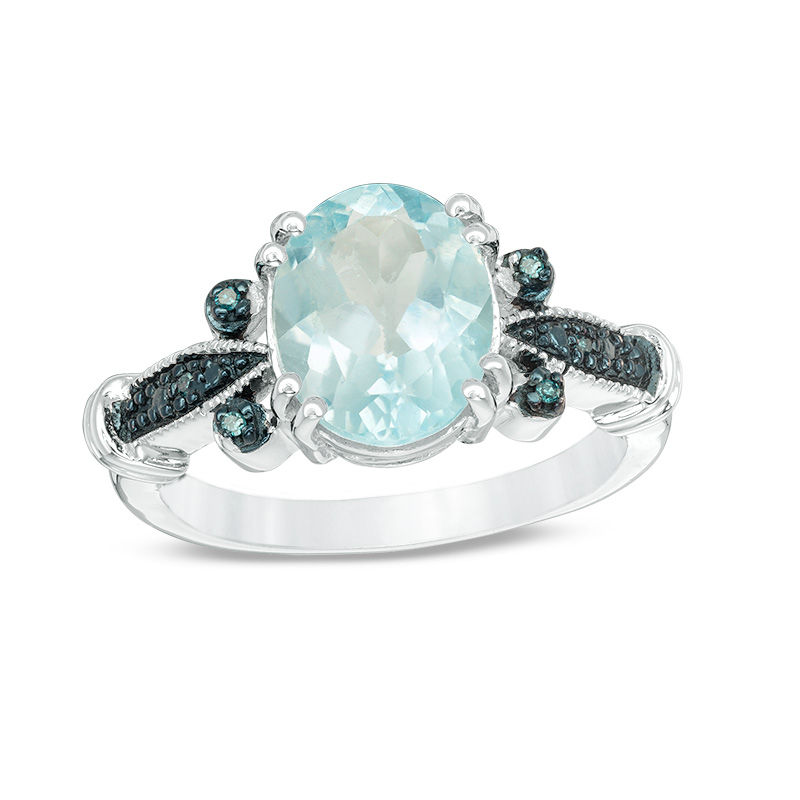 Oval Blue Topaz and Enhanced Blue Diamond Accent Vintage-Style Collared Ring in Sterling Silver