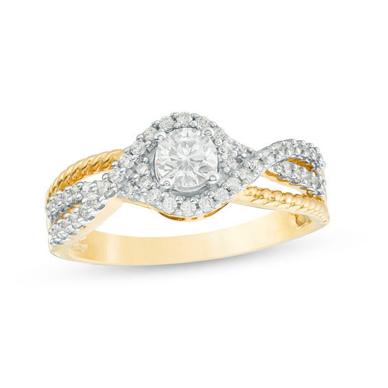5/8 CT. T.W. Diamond Bypass Swirl Frame Twist Rope Shank Engagement Ring in  14K Two-Tone Gold