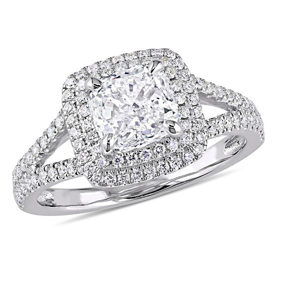 2 Ct T W Cushion Cut Diamond Double Frame Engagement Ring In 14k