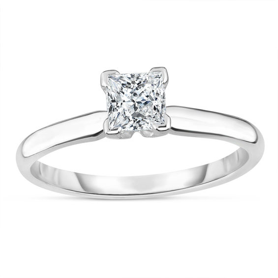3//4 Carat Princess Cut Diamond Solitaire Engagement Ring 14K White Gold Very Good Cut J, I2, 0.74 c.t.w