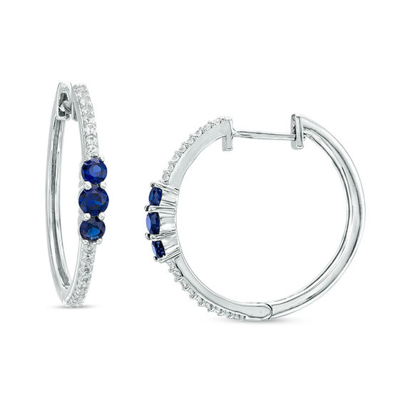 Lab Created Blue And White Shire Three Stone Hoop Earrings In Lab Created Blue And White Shire Three Stone Hoop Earrings In Sterling Silver