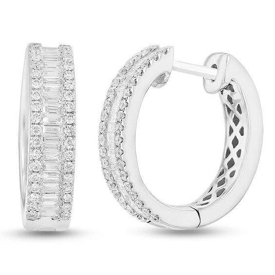 3 4 Ct T W Baguette And Round Diamond Hoop Earrings In 18k White 3 4 Ct T W Baguette And Round Diamond Hoop Earrings In 18k White Gold