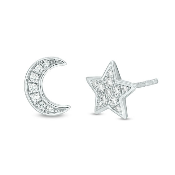 .925 Sterling Silver Cubic Zirconia Half Moon w/ Stars Stud Earrings Screw Back 