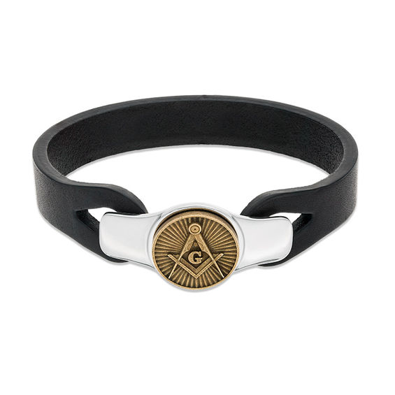 Men's Oxidized Masonic Black Leather Bracelet in Sterling Silver and Bronze  - 9