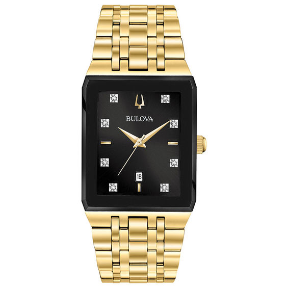 Men's Bulova Modern Diamond Accent Gold-Tone Watch with Rectangular Black  Dial (Model: 97D118)