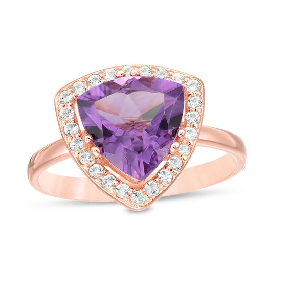 Gem Stone King 0.65 Ct Oval Purple Amethyst White Diamond 925 Rose Gold Plated Silver Ring 