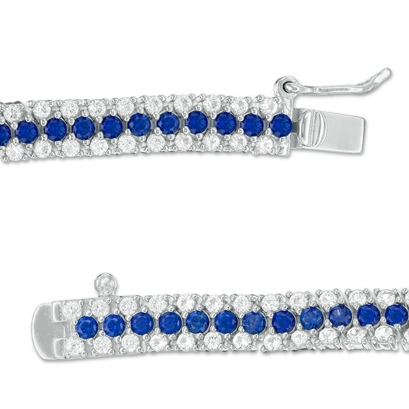 Lab-Created Blue and White Sapphire Triple Row Bracelet in Sterling Silver - 7.25"