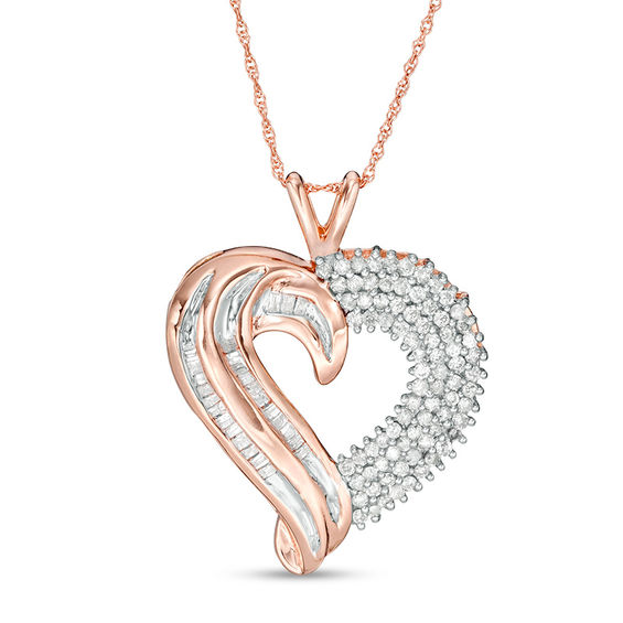 3 4 Ct T W Baguette And Round Diamond Heart Pendant In 10k Rose 3 4 Ct T W Baguette And Round Diamond Heart Pendant In 10k Rose Gold