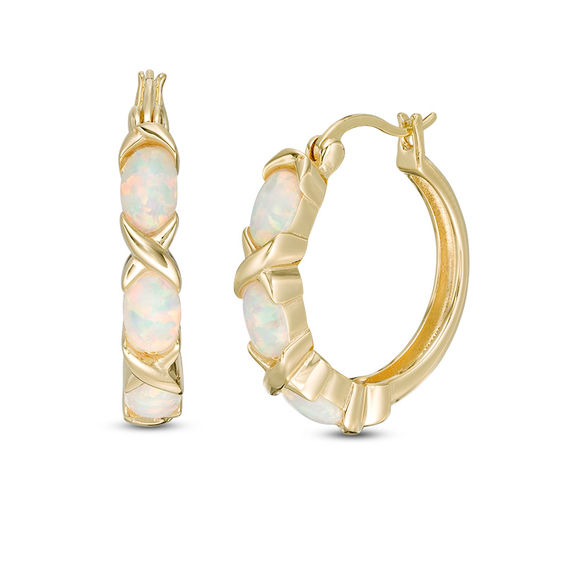 Created Opal Hoop Earrings with Diamonds in 14K Yellow Gold Plated Brass 