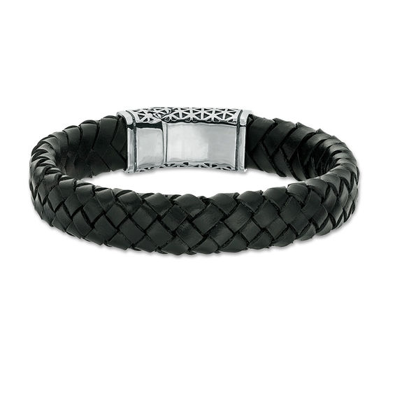 Men's Stainless Steel Braided Leather Reticulate Texture Magnetic Bracelets 8"
