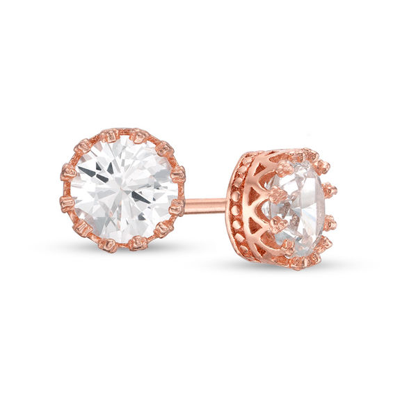 6.0mm Lab-Created White Sapphire Solitaire Beaded Crown Stud Earrings in  Sterling Silver with 14K Rose Gold Plate
