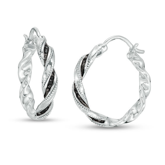 Enhanced Black Diamond Accent Twist Ribbon Vintage Style Hoop Enhanced Black Diamond Accent Twist Ribbon Vintage Style Hoop Earrings In Sterling Silver